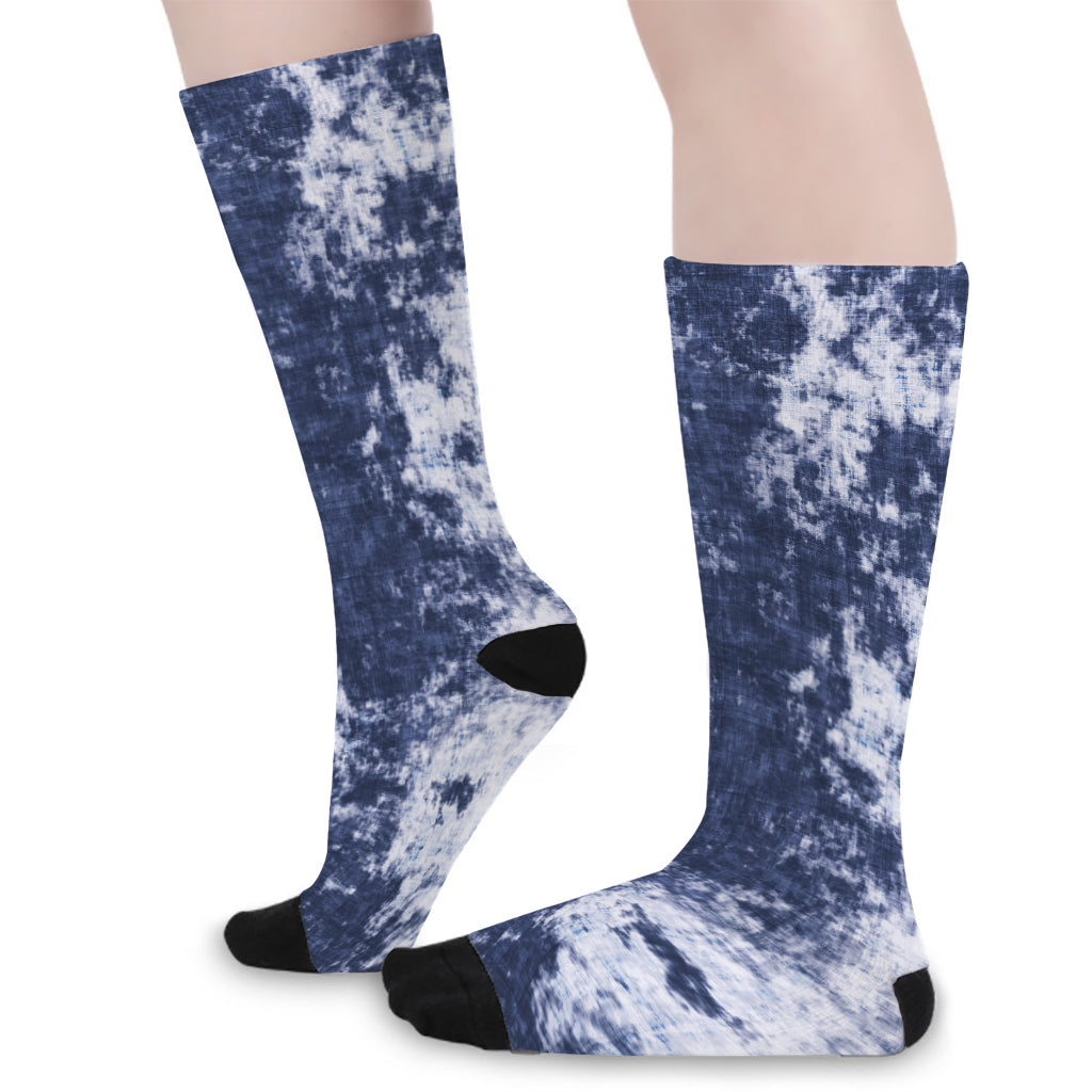 Blue And White Acid Wash Tie Dye Print Long Socks