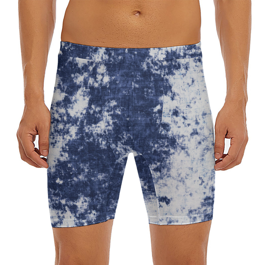 Blue And White Acid Wash Tie Dye Print Men's Long Boxer Briefs