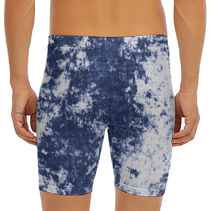 Blue And White Acid Wash Tie Dye Print Men's Long Boxer Briefs