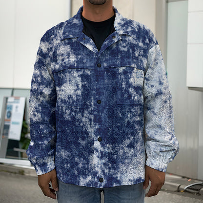 Blue And White Acid Wash Tie Dye Print Men's Shirt Jacket