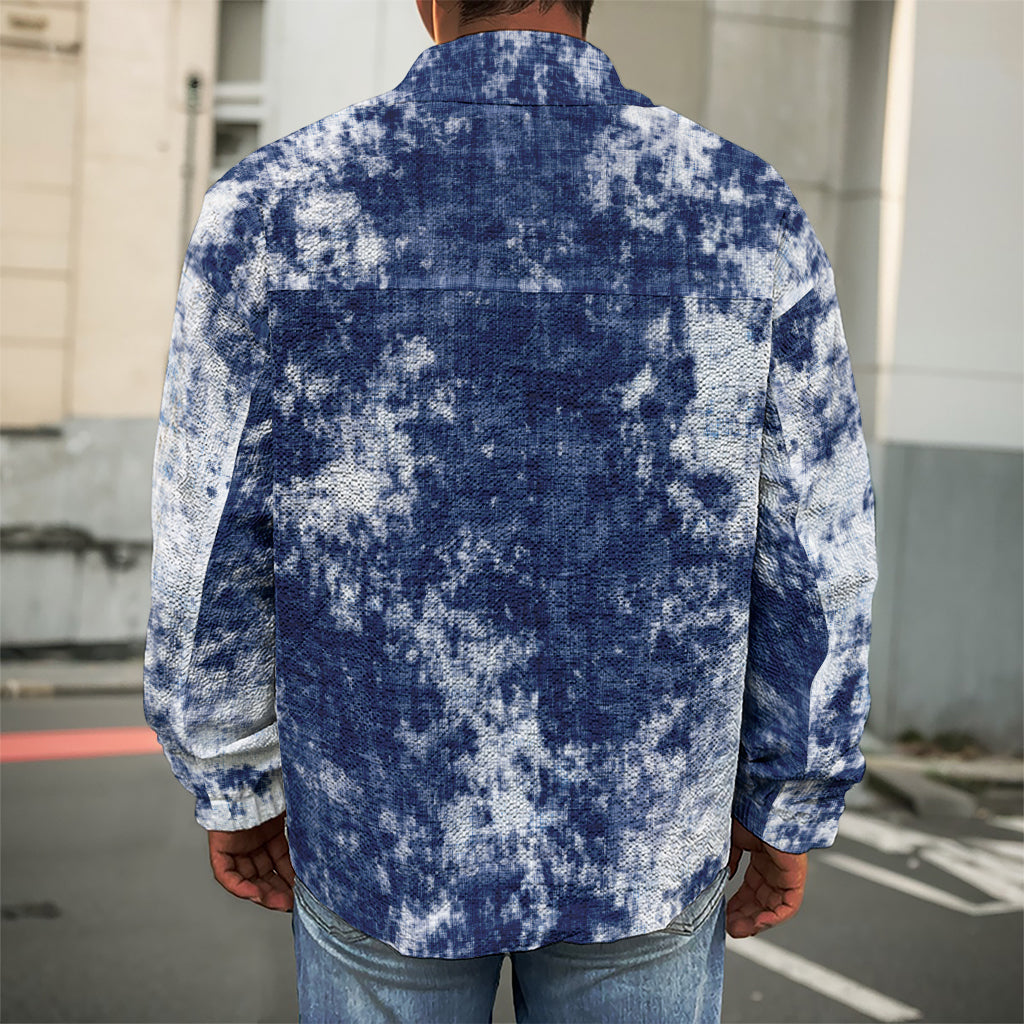 Blue And White Acid Wash Tie Dye Print Men's Shirt Jacket