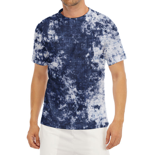 Blue And White Acid Wash Tie Dye Print Men's Short Sleeve Rash Guard
