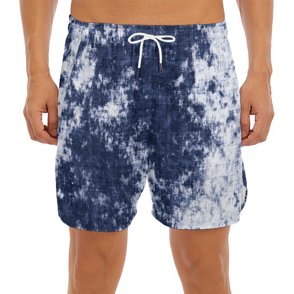 Blue And White Acid Wash Tie Dye Print Men's Split Running Shorts