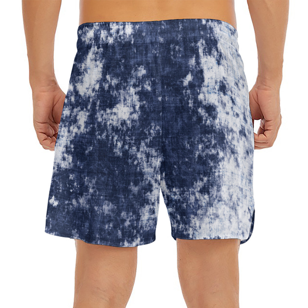 Blue And White Acid Wash Tie Dye Print Men's Split Running Shorts
