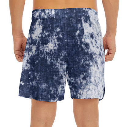 Blue And White Acid Wash Tie Dye Print Men's Split Running Shorts