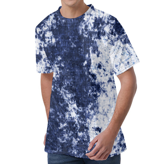 Blue And White Acid Wash Tie Dye Print Men's Velvet T-Shirt