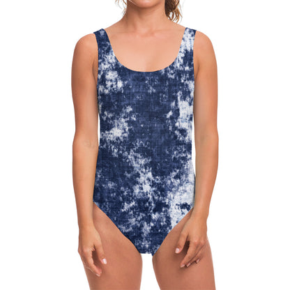 Blue And White Acid Wash Tie Dye Print One Piece Swimsuit