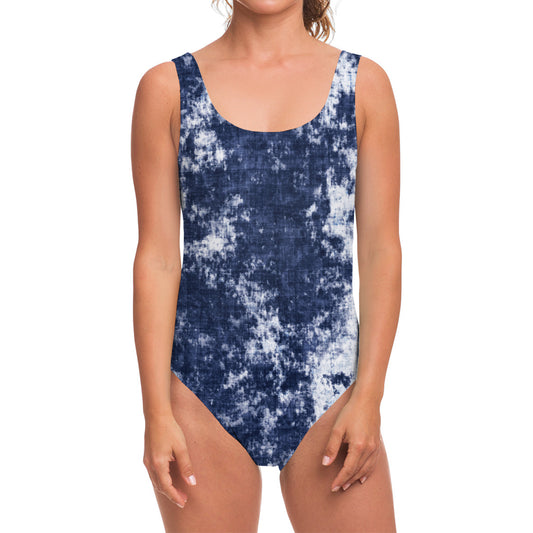 Blue And White Acid Wash Tie Dye Print One Piece Swimsuit