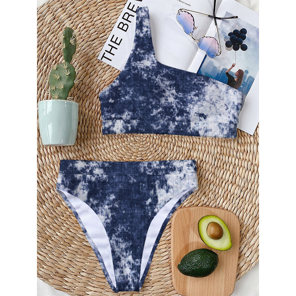 Blue And White Acid Wash Tie Dye Print One Shoulder Bikini Top