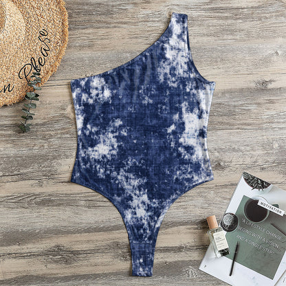 Blue And White Acid Wash Tie Dye Print One Shoulder Bodysuit