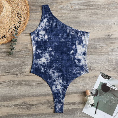 Blue And White Acid Wash Tie Dye Print One Shoulder Bodysuit