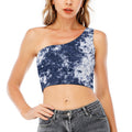 Blue And White Acid Wash Tie Dye Print One Shoulder Crop Top