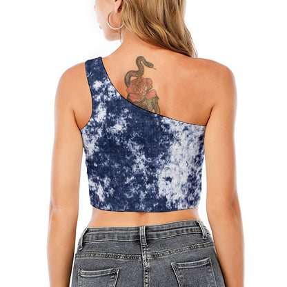 Blue And White Acid Wash Tie Dye Print One Shoulder Crop Top