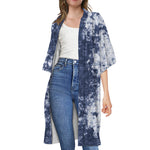 Blue And White Acid Wash Tie Dye Print Open Front Beach Cover Up