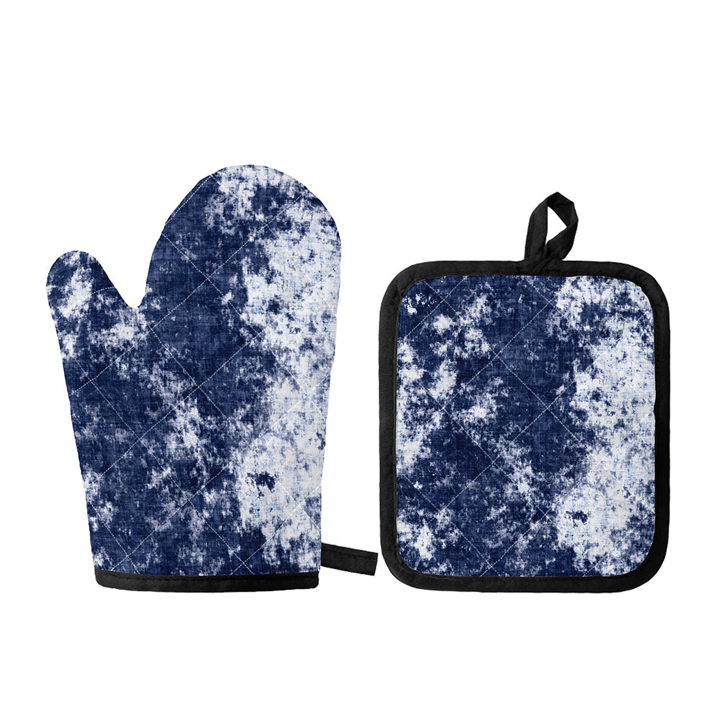 Blue And White Acid Wash Tie Dye Print Oven Mitt And Pot Holder Set