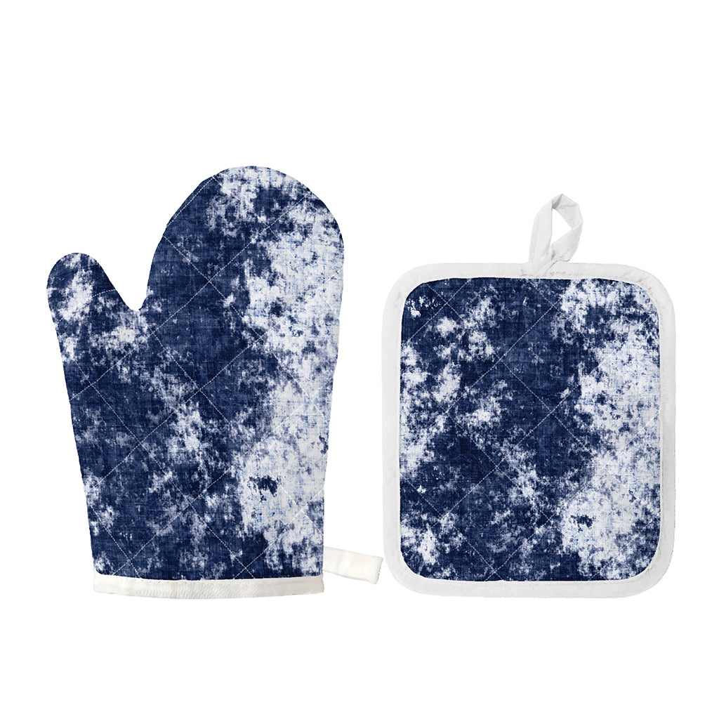 Blue And White Acid Wash Tie Dye Print Oven Mitt And Pot Holder Set