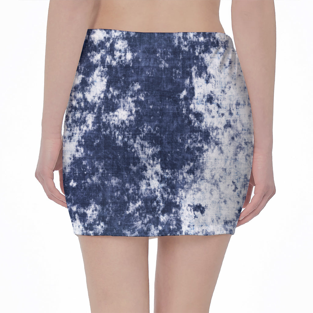 Blue And White Acid Wash Tie Dye Print Pencil Mini Skirt
