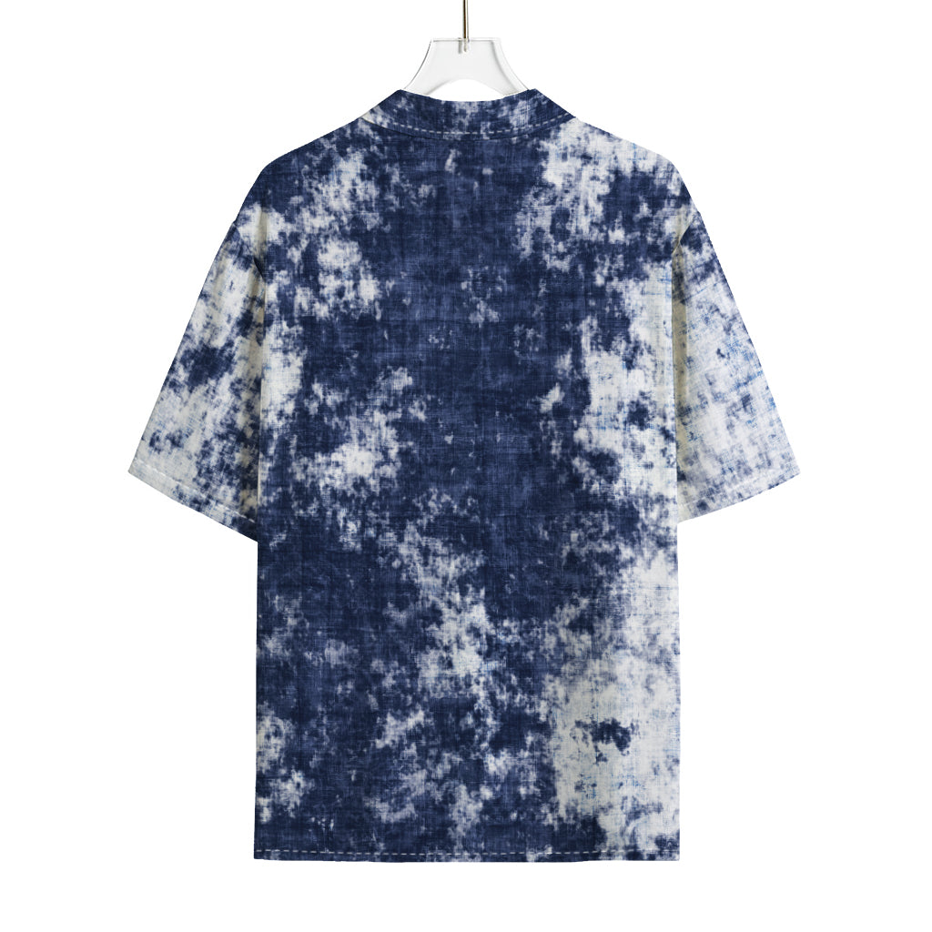 Blue And White Acid Wash Tie Dye Print Rayon Hawaiian Shirt