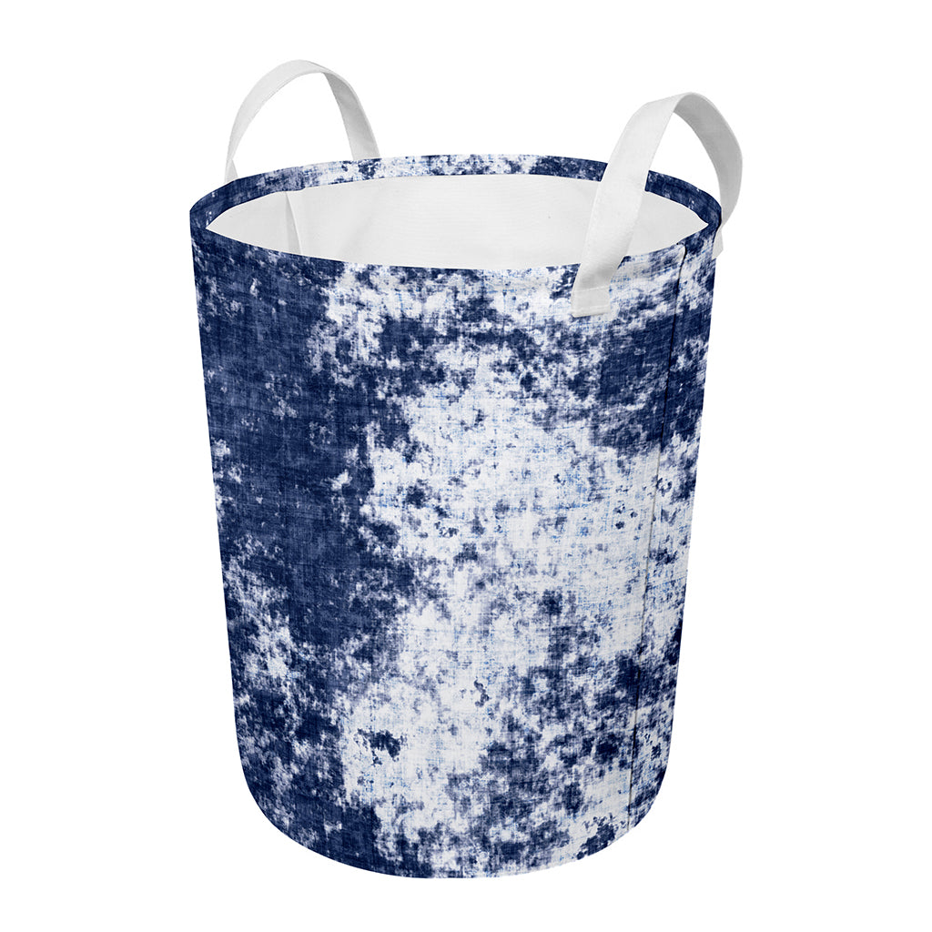 Blue And White Acid Wash Tie Dye Print Round Laundry Basket