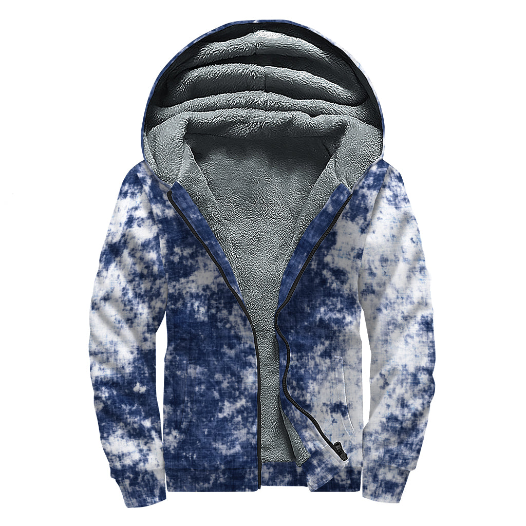Blue And White Acid Wash Tie Dye Print Sherpa Lined Zip Up Hoodie