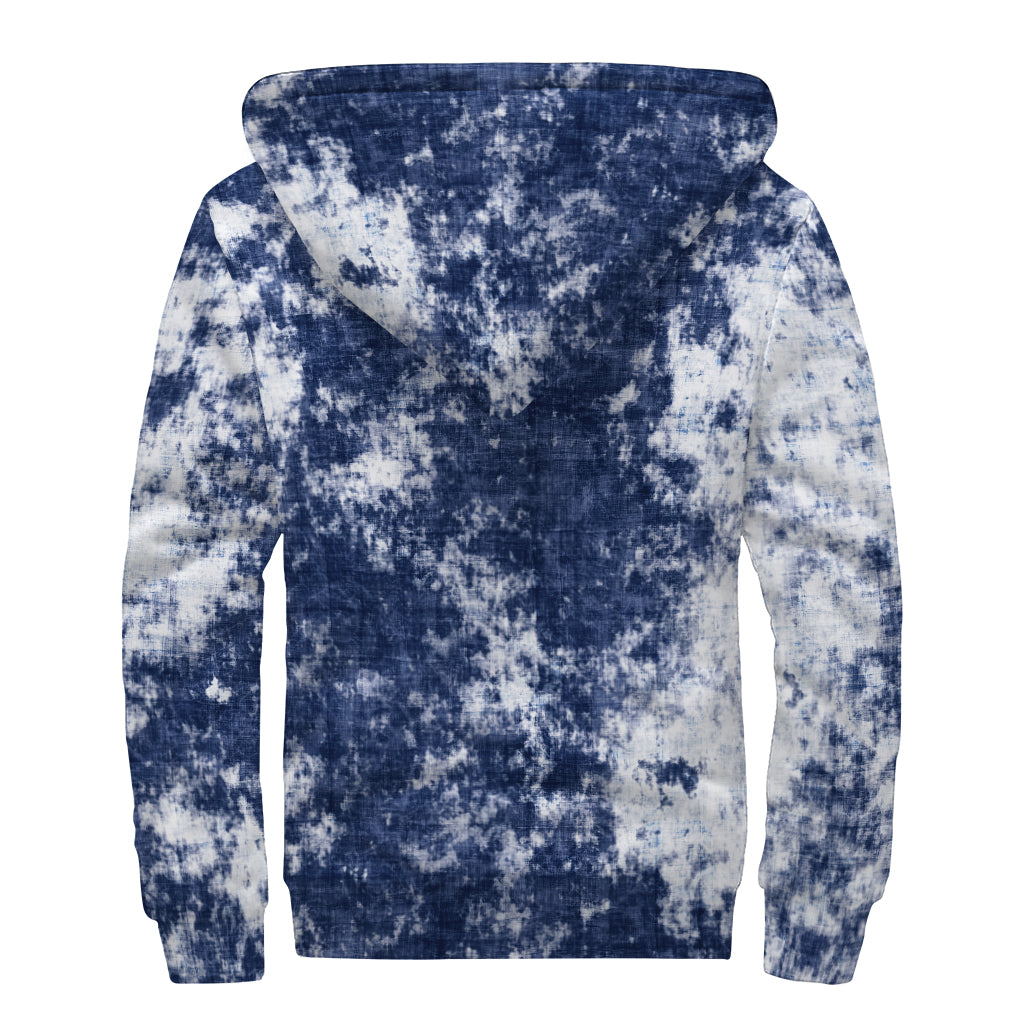 Blue And White Acid Wash Tie Dye Print Sherpa Lined Zip Up Hoodie