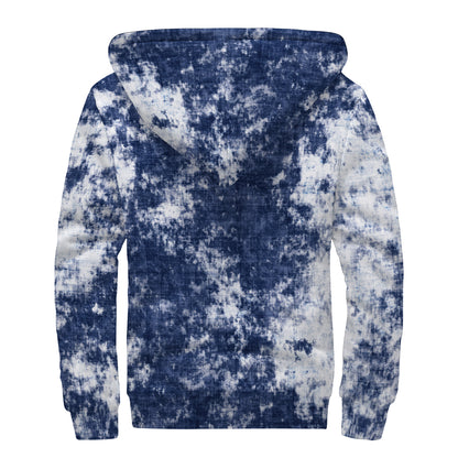Blue And White Acid Wash Tie Dye Print Sherpa Lined Zip Up Hoodie