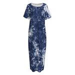 Blue And White Acid Wash Tie Dye Print Short Sleeve Long Nightdress