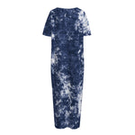 Blue And White Acid Wash Tie Dye Print Short Sleeve Long Nightdress