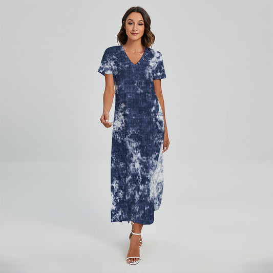 Blue And White Acid Wash Tie Dye Print Short Sleeve Maxi Dress