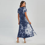 Blue And White Acid Wash Tie Dye Print Short Sleeve Maxi Dress