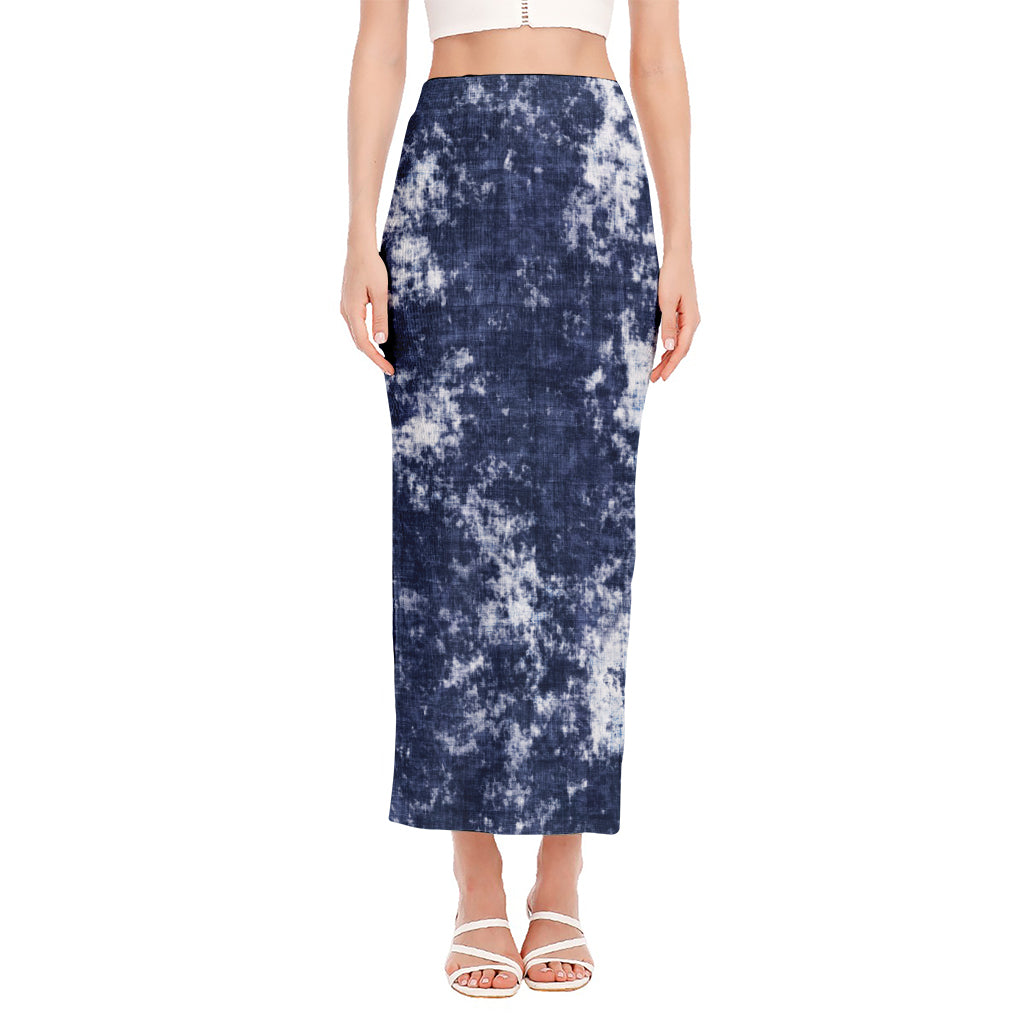 Blue And White Acid Wash Tie Dye Print Side Slit Maxi Skirt