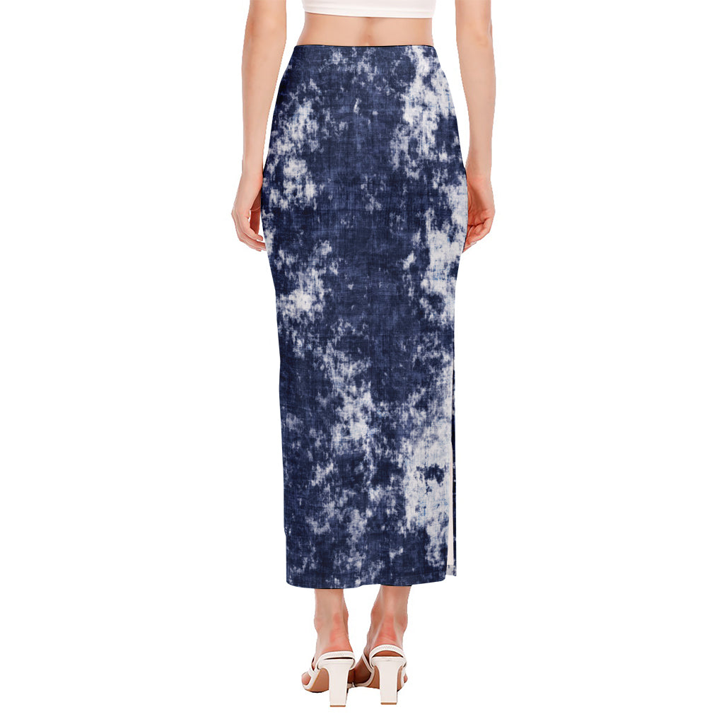 Blue And White Acid Wash Tie Dye Print Side Slit Maxi Skirt