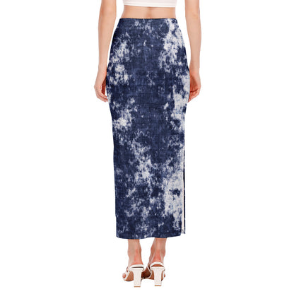 Blue And White Acid Wash Tie Dye Print Side Slit Maxi Skirt