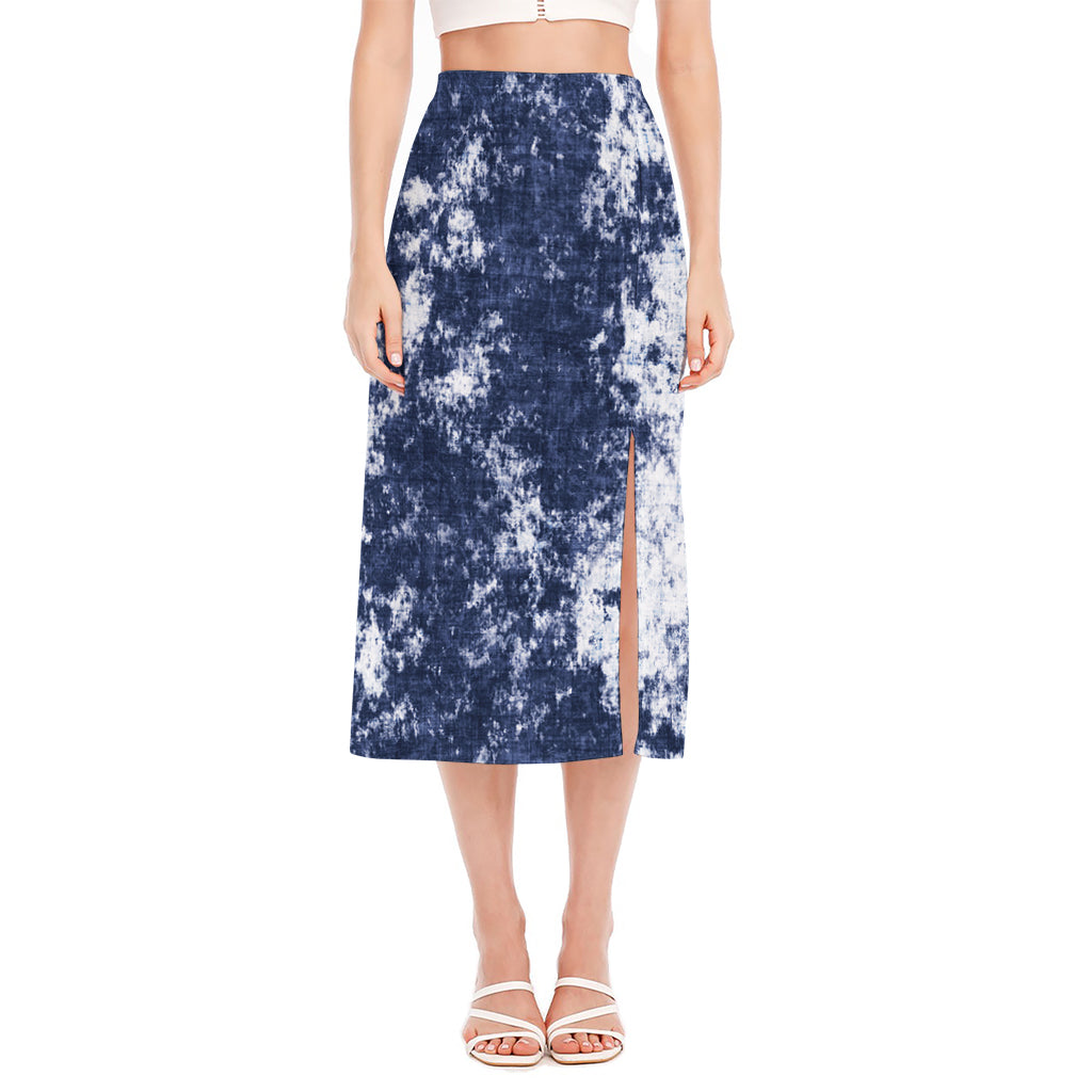 Blue And White Acid Wash Tie Dye Print Side Slit Midi Skirt