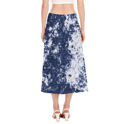 Blue And White Acid Wash Tie Dye Print Side Slit Midi Skirt