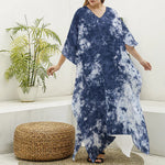 Blue And White Acid Wash Tie Dye Print Silk V-Neck Kaftan Dress