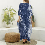 Blue And White Acid Wash Tie Dye Print Silk V-Neck Kaftan Dress