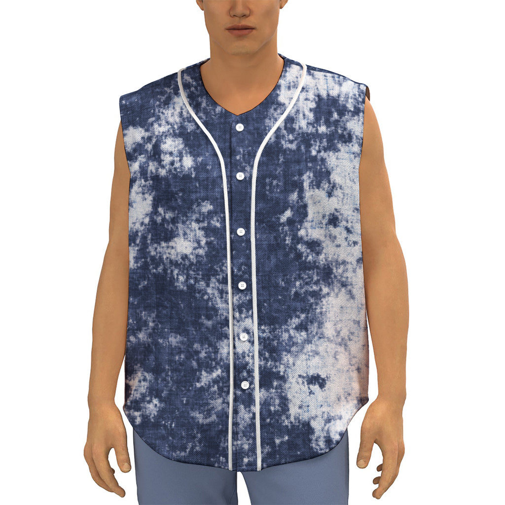 Blue And White Acid Wash Tie Dye Print Sleeveless Baseball Jersey