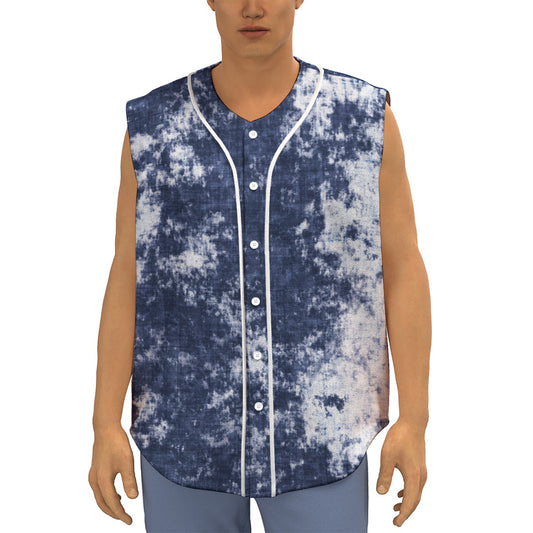 Blue And White Acid Wash Tie Dye Print Sleeveless Baseball Jersey