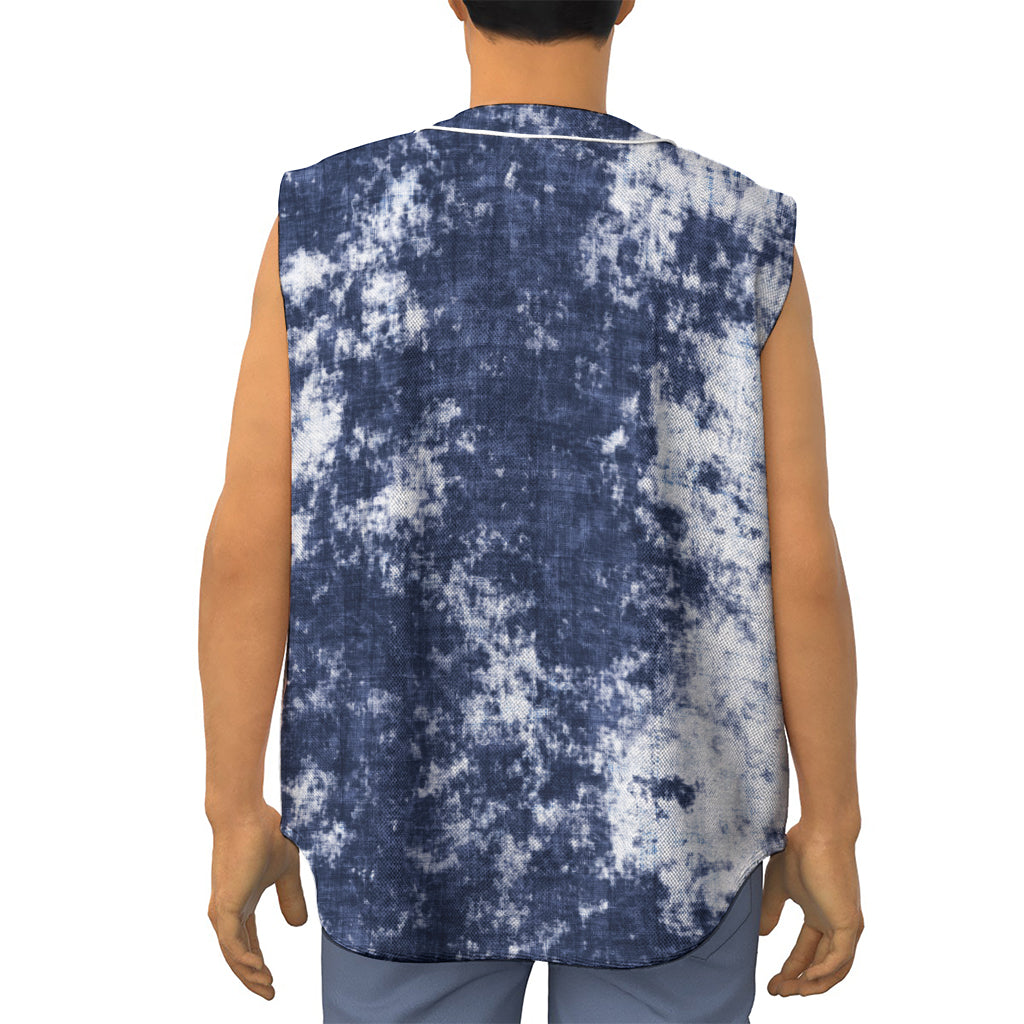 Blue And White Acid Wash Tie Dye Print Sleeveless Baseball Jersey