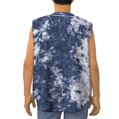 Blue And White Acid Wash Tie Dye Print Sleeveless Baseball Jersey