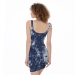 Blue And White Acid Wash Tie Dye Print Sleeveless Bodycon Dress