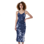 Blue And White Acid Wash Tie Dye Print Slim Fit Midi Cami Dress
