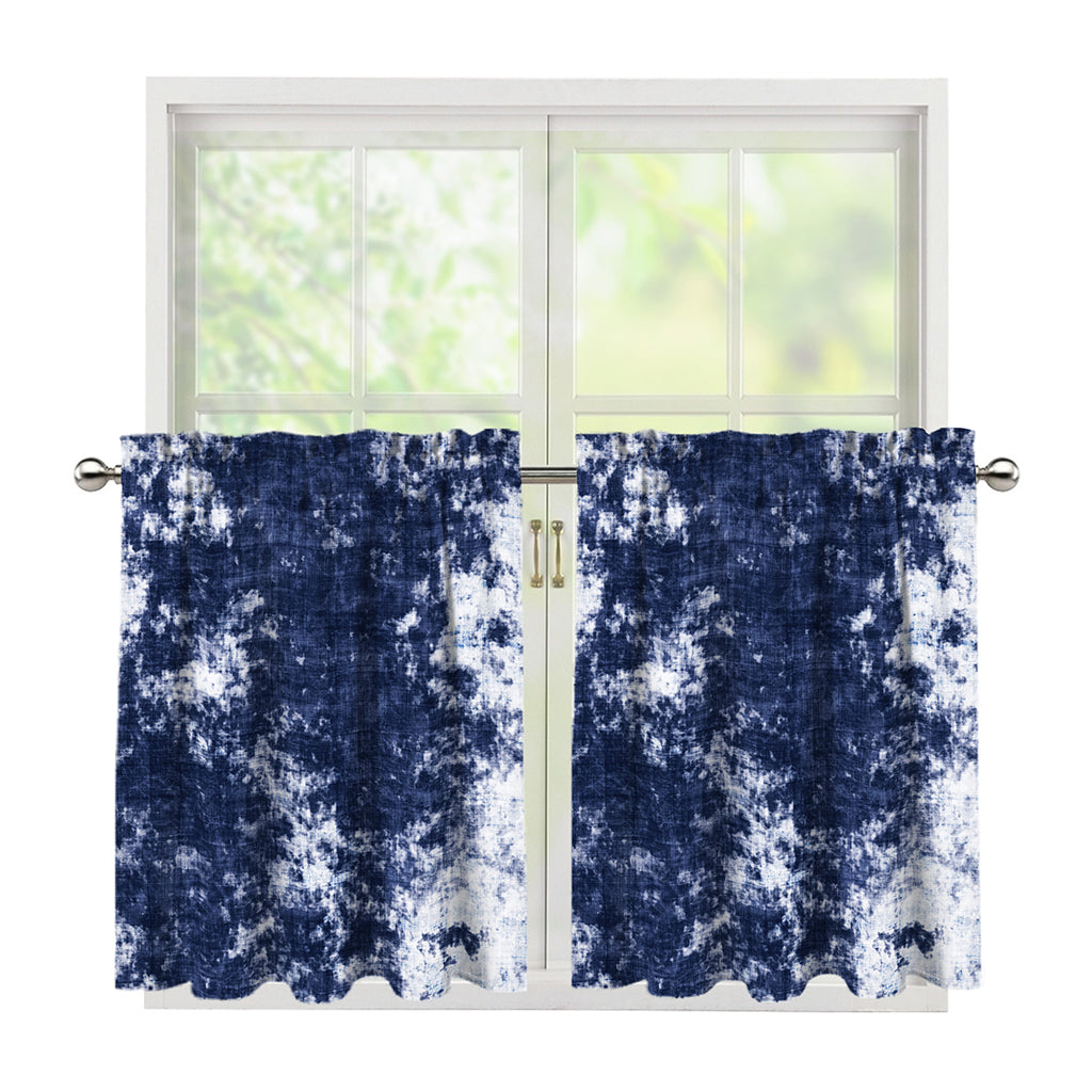 Blue And White Acid Wash Tie Dye Print Tier Curtains