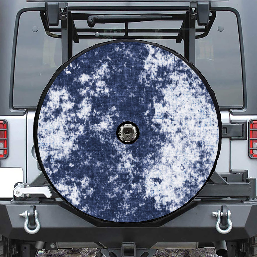 Blue And White Acid Wash Tie Dye Print Tire Cover With Camera Hole