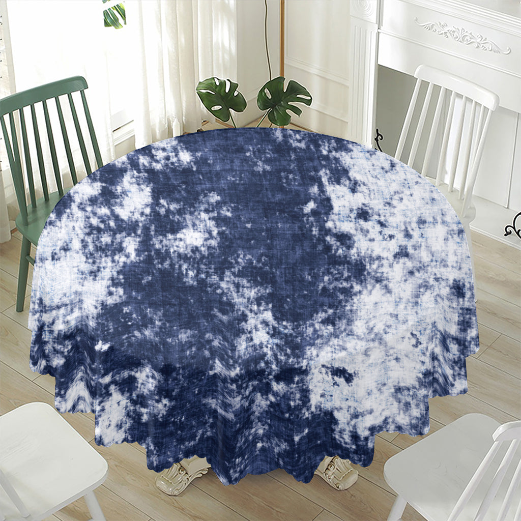 Blue And White Acid Wash Tie Dye Print Waterproof Round Tablecloth