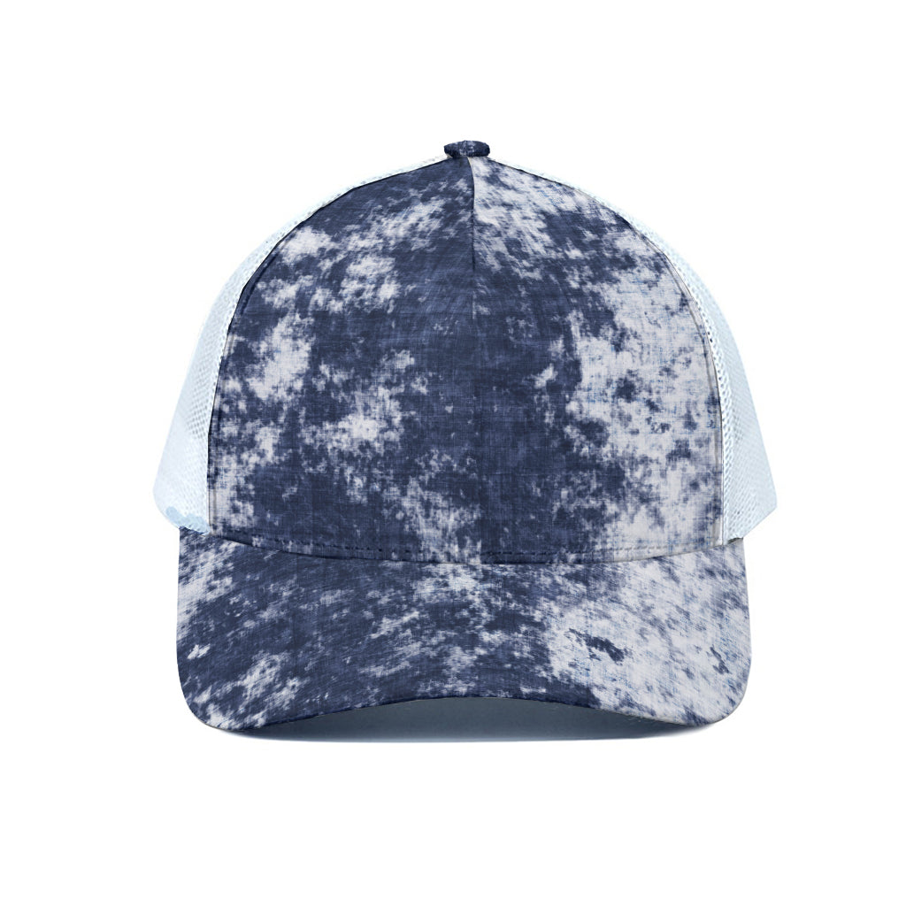 Blue And White Acid Wash Tie Dye Print White Mesh Trucker Cap