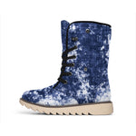 Blue And White Acid Wash Tie Dye Print Winter Boots