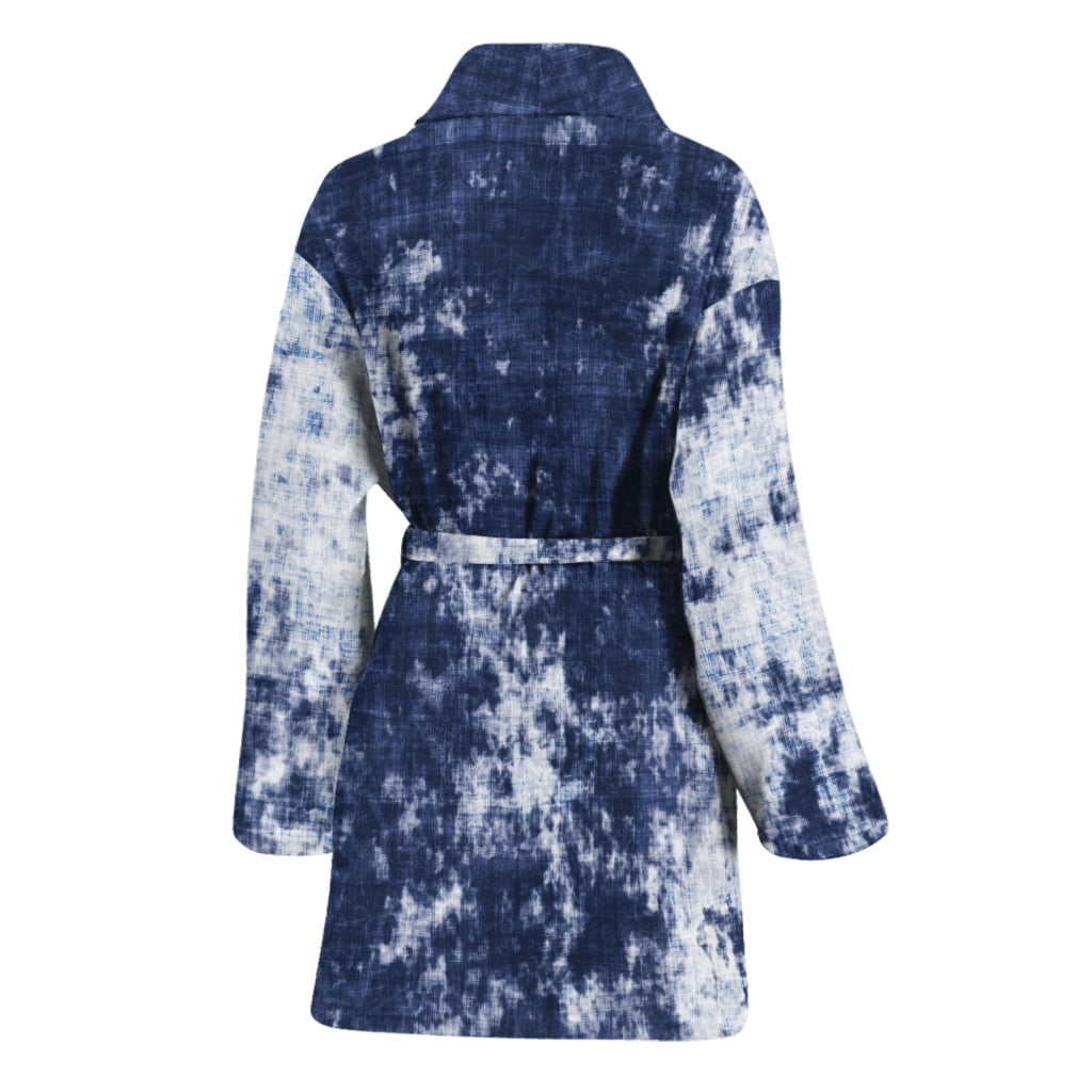 Blue And White Acid Wash Tie Dye Print Women's Bathrobe