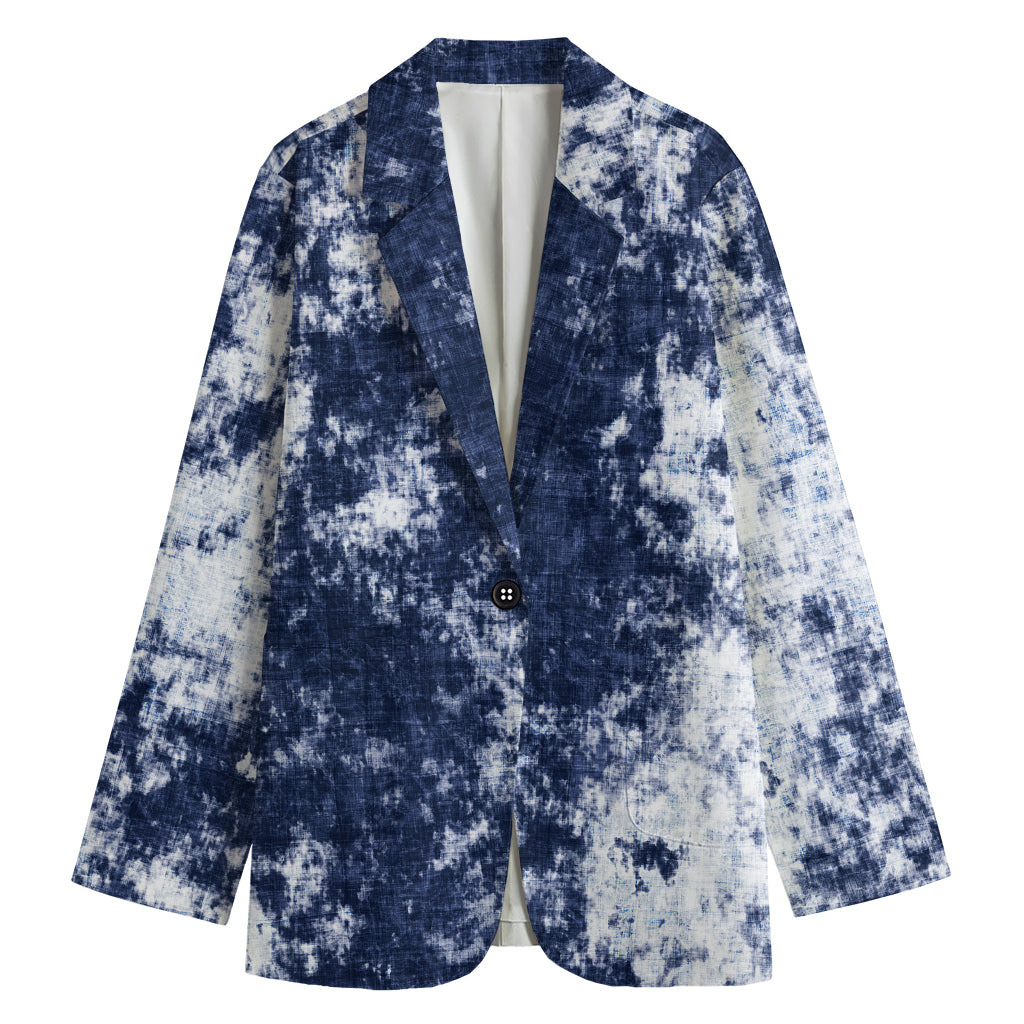 Blue And White Acid Wash Tie Dye Print Women's Blazer